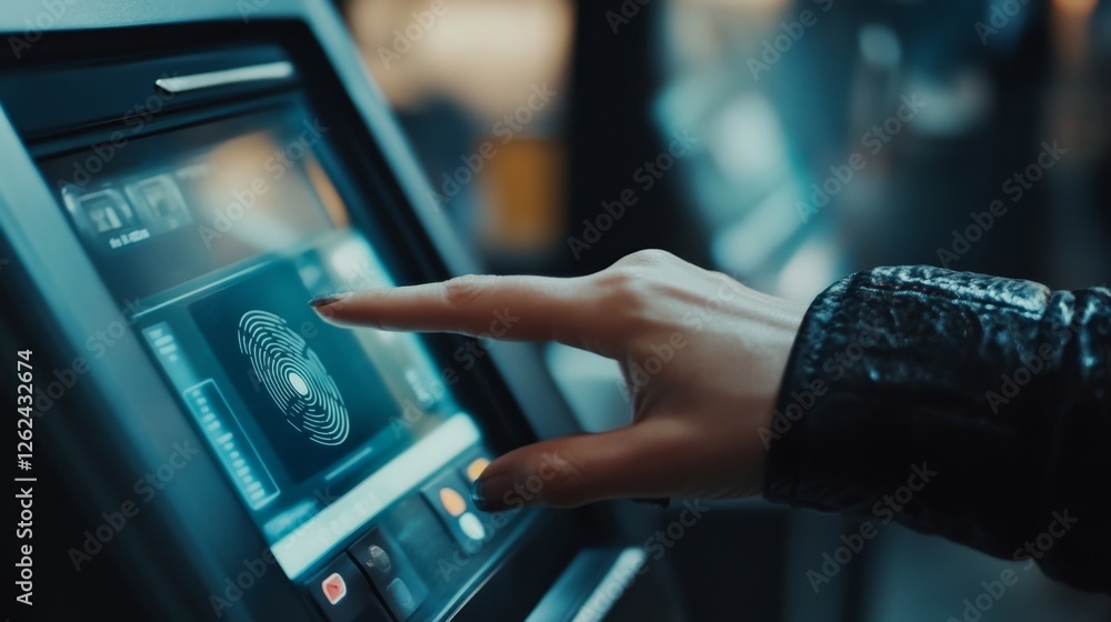 Poster person using biometric scanner for secure access at modern kiosk