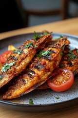 Delicious, spicy grilled fish on a plate with tomatoes, herbs, wooden table for food blog