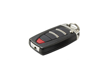 Black plastic body with metallic edges, three curved silver buttons, a red panic button, and a keyring for attachment, isolated on a transparent background