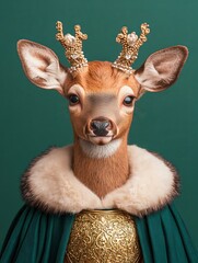 Pet Portrait Royal, copy space Elegant Deer on Emerald Green Background