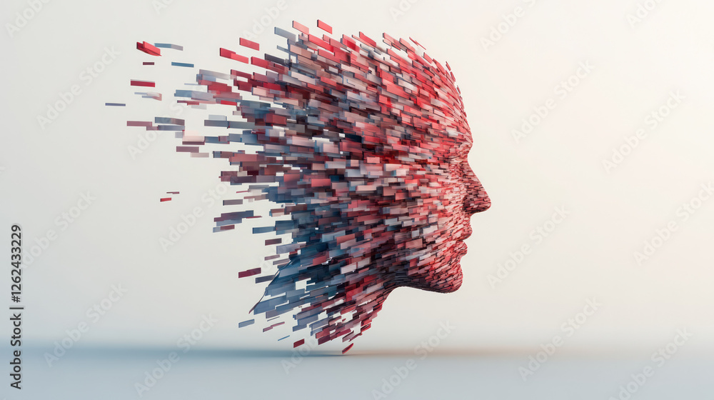 Poster a vibrant, prismatic array of floating shapes assembling in the shape of a head, gradually morphing