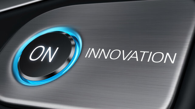 Close-up of a futuristic "ON" button and the word "INNOVATION" on a sleek metallic surface, representing the concept of activation, progress, and technology.