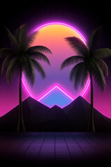 Naklejka premium A synthetic jungle scene where stylized palm silhouettes glow with neon edges, framed by geometric