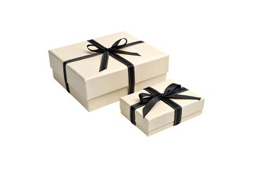 Set of two cream-colored gift boxes with black ribbons, exuding refinement and timeless elegance, perfect for special occasions, isolated on a transparent background