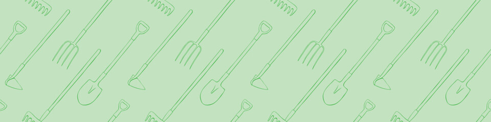 Seamless pattern with garden equipment: shovels, spades, rakes, hoes, pitchforks. Vector backgrounds and textures with tools for working on the farm, in dacha, country site in flat doodle style