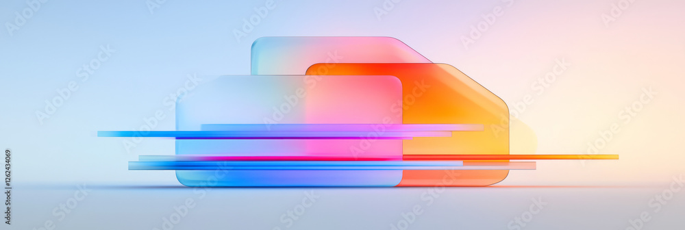 Poster a high-contrast image featuring an angular structure bathed in pastel neon reflections, blending