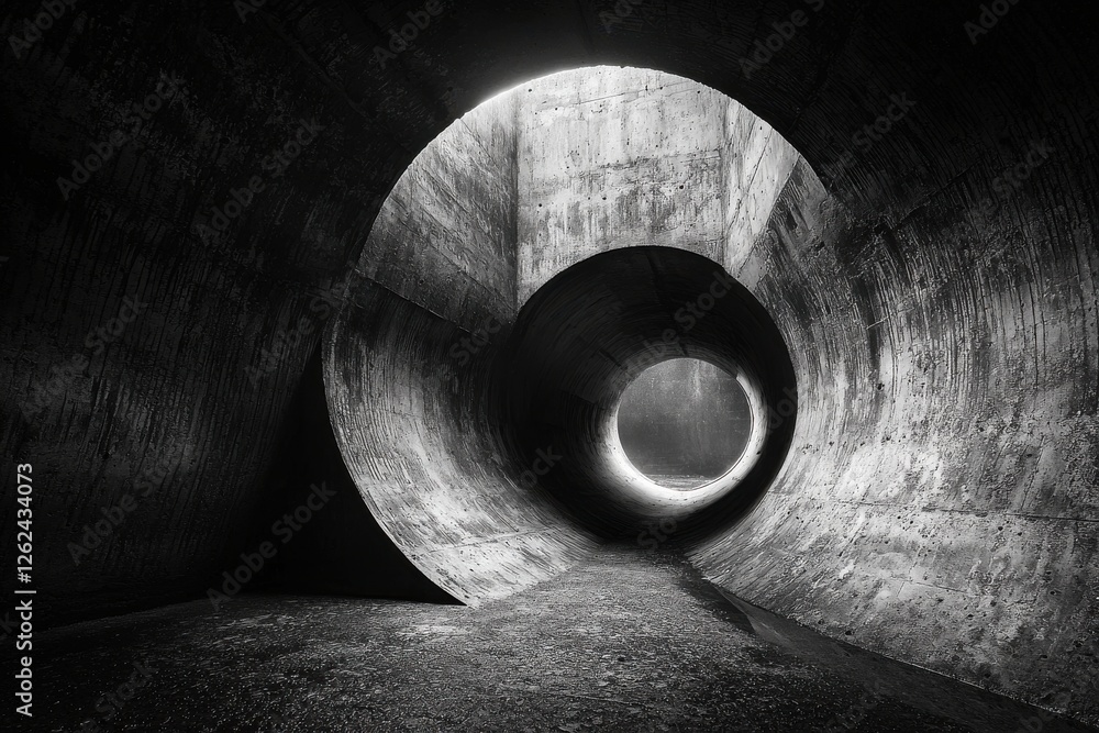 Poster monochrome image of a unique concrete structure with swirling tunnels, showcasing architectural desi