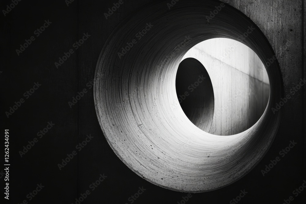 Poster a captivating monochrome image of a concrete ring structure, highlighting its smooth curves and the 