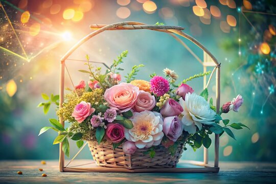 Surreal Floral Basket Background: Minimalist Leaf Line Pattern Stock Photo