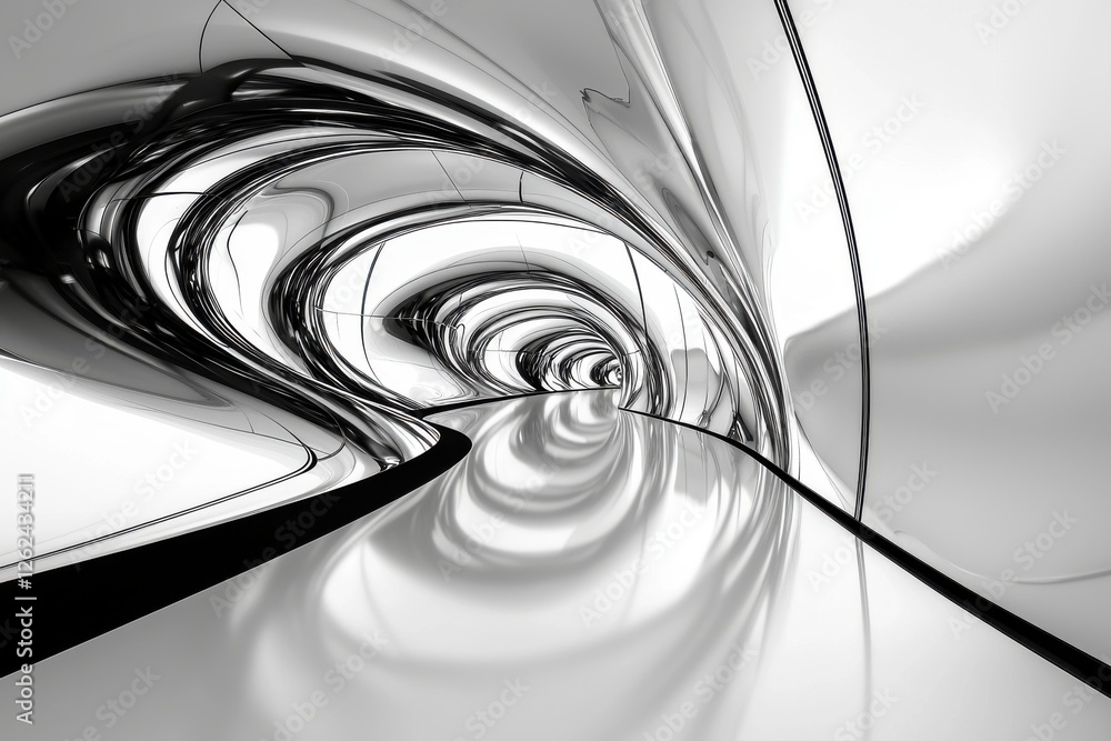 Poster abstract monochrome image showcasing a futuristic tunnel with winding structures, reflecting surface