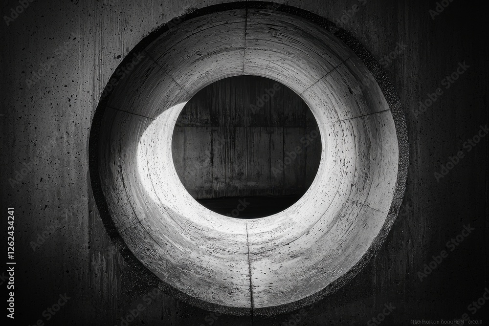 Poster monochromatic abstract featuring a concrete tunnel with a striking circular opening, demonstrating u