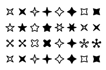 Different star shape set. Full color and line design isolated on white background.