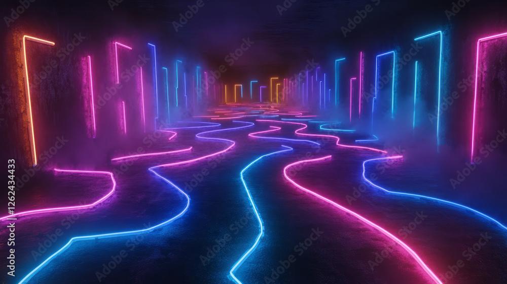 Poster a cinematic view of a maze-like arrangement of neon cubes, each block aligning and realigning in