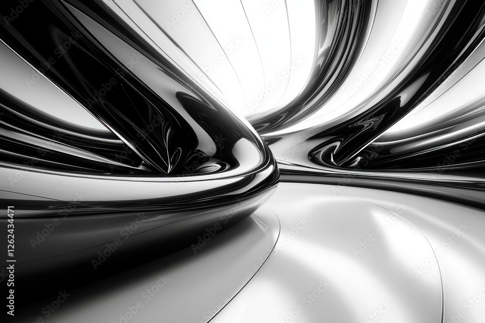 Poster a captivating monochrome abstract 3d render featuring dynamic, fluid metallic structures with dramat