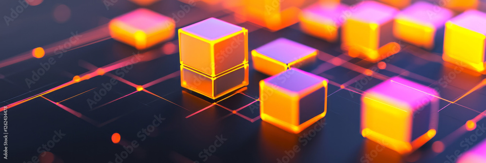 Poster a minimal black background highlighting intricately moving cubes, luminous edges bridging them into