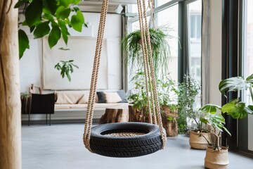 Recycled Tire Swing with Lush Indoor Plants