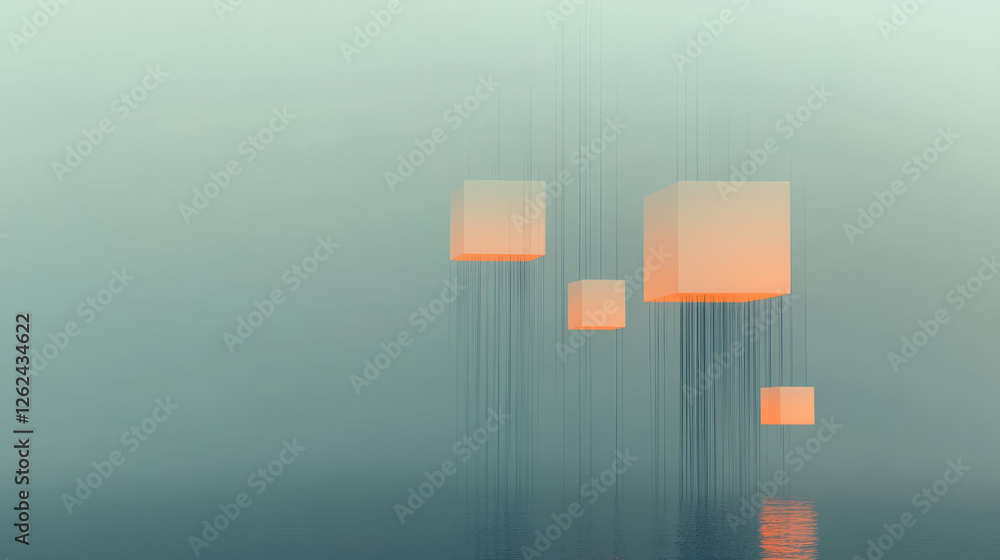 Poster a soft, ambient atmosphere showcasing luminescent cubes receding into the distance, the network