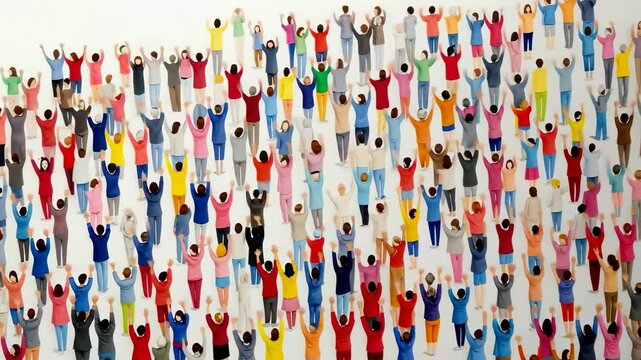 Overhead angle captures a vibrant crowd of diverse, colorful figures, resembling a stop-motion video, emphasizing unity and diversity.