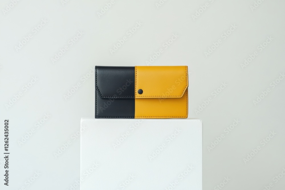 Poster stylish two-tone wallet displayed on a pedestal in a modern setting with a minimalist design