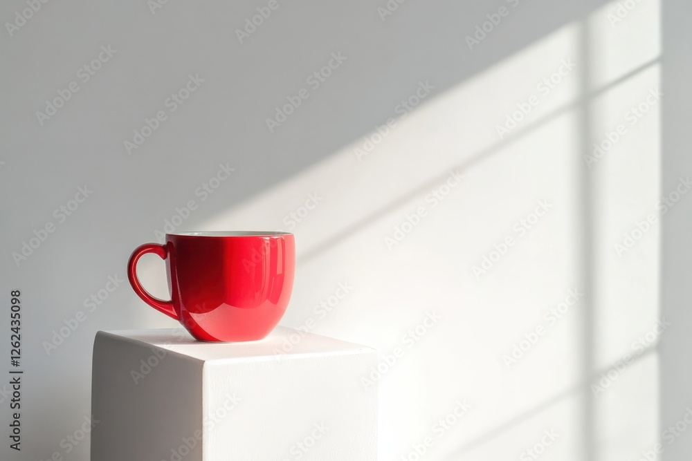 Aufkleber bright red cup resting on a white pedestal with sunlight casting shadows in a minimalist setting