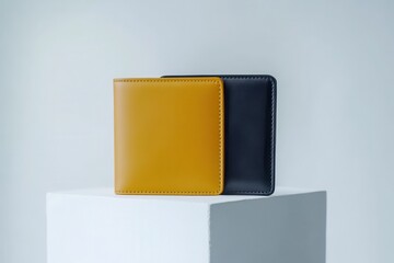 Stylish wallets displayed on a pedestal showcasing modern design and craftsmanship