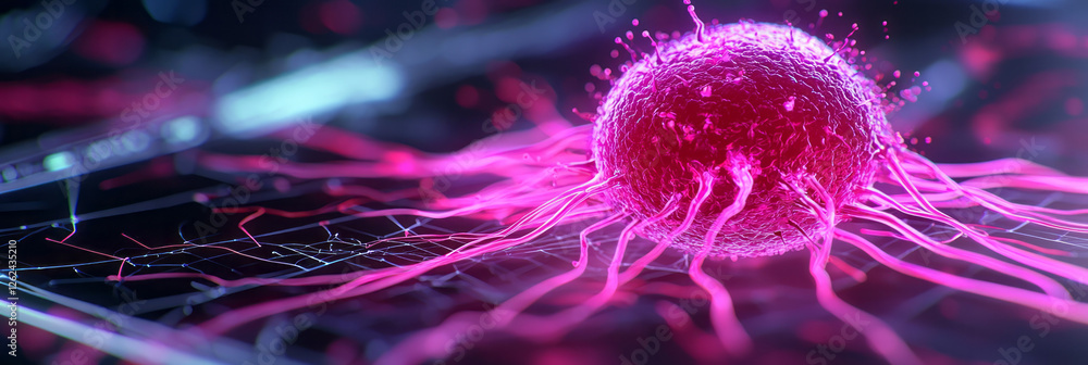 Poster a macro shot focusing on the cellâ€™s subtle texture, with delicate neon lines rippling around it,