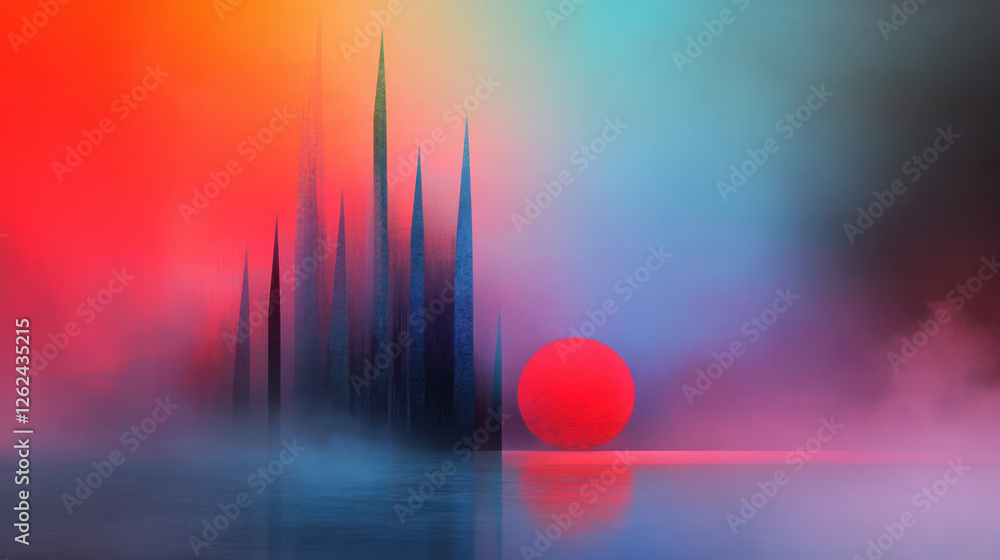 Poster a painterly approach featuring geometric spires, each tinted differently and illuminated in a slow