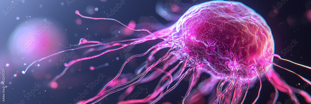 Poster a macro shot focusing on the cellâ€™s subtle texture, with delicate neon lines rippling around it,