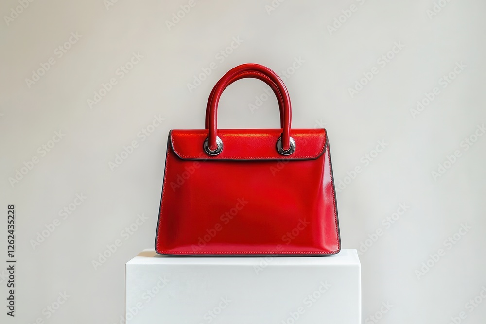 Poster elegant red handbag displayed on a white pedestal in a modern setting, showcasing its style and craf