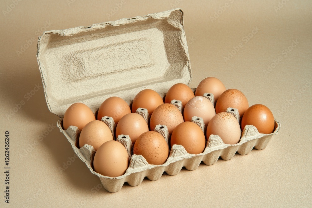 Aufkleber carton of brown eggs displayed on a neutral background showing the texture and color variations of t