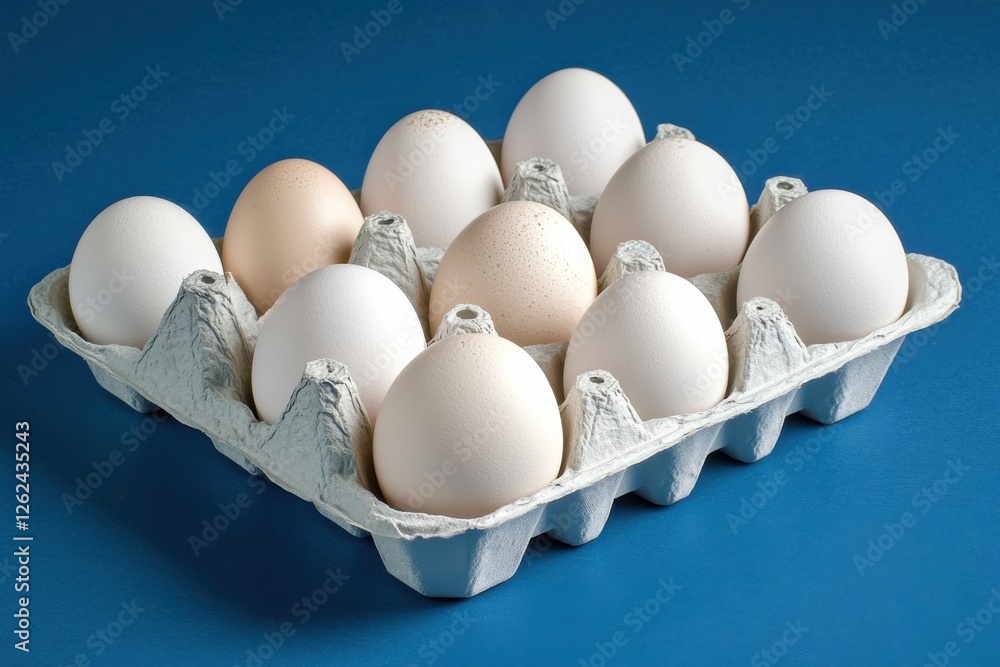 Poster eggs arranged neatly in a carton on a blue background in a well-lit kitchen or studio setting
