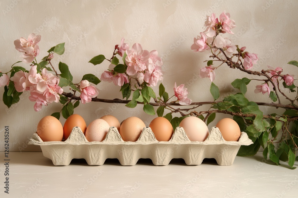 Poster fresh eggs arranged in a carton with blooming pink flowers on a soft background