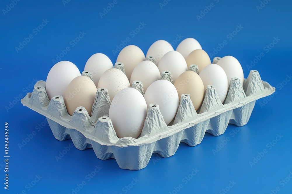 Poster eggs arranged neatly in a carton against a bright blue background showcasing various shades of their