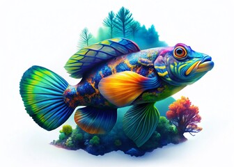 Fototapeta premium Surreal Mandarinfish Double Exposure: Vibrant Gradient Marine Colors