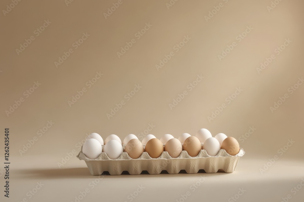 Poster Fresh eggs arranged neatly in a carton on a neutral backdrop showcasing their natural colors and simplicity