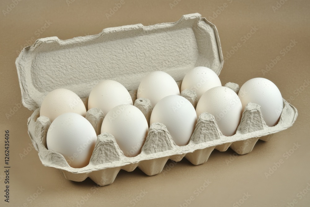 Poster fresh white eggs in a cardboard carton arranged neatly on a light background for culinary uses and g