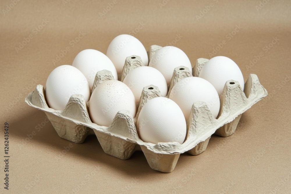 Poster fresh white eggs arranged in a cardboard carton on a neutral background ready for culinary use