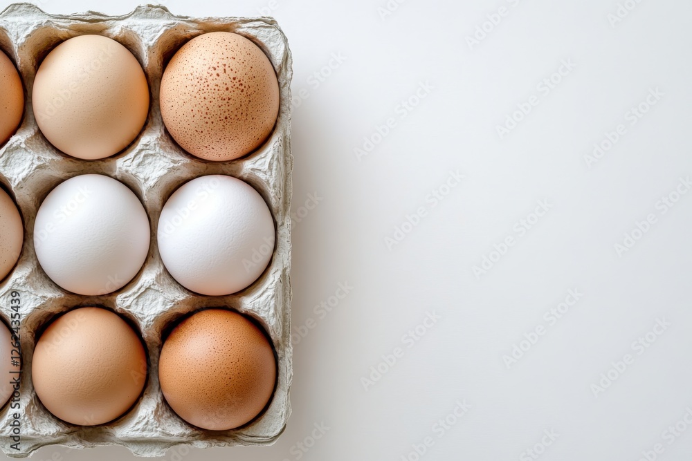 Poster fresh eggs arranged neatly in a carton against a plain background showcasing different colors and si