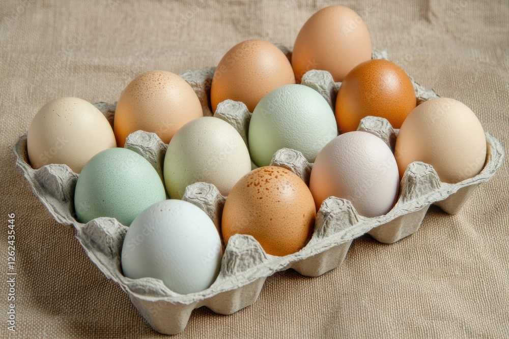Poster colorful assortment of fresh eggs displayed in a carton on a neutral background