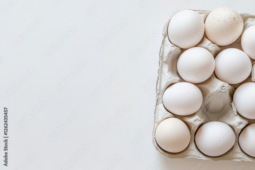 Poster fresh eggs arranged neatly in a carton on a plain background ready for cooking or baking