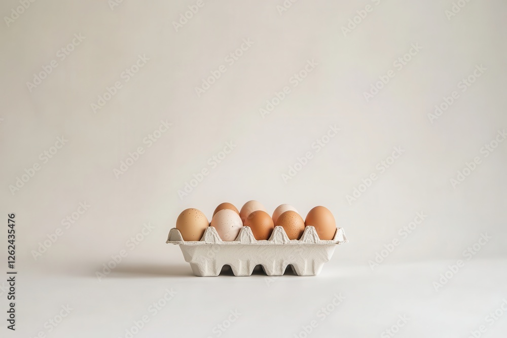 Poster fresh eggs arranged neatly in a carton on a simple background with natural lighting