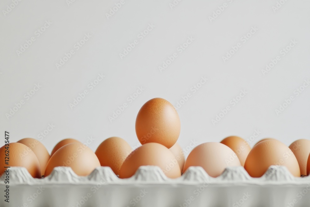 Poster collection of fresh brown eggs arranged in a carton with one egg prominently standing out in a kitch