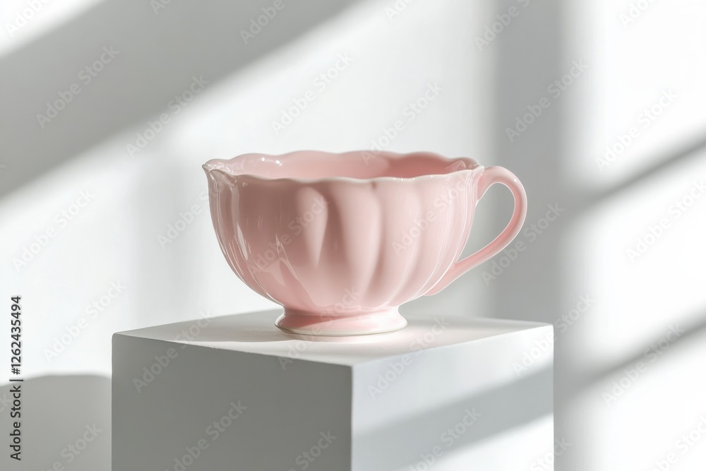 Aufkleber elegant pink cup displayed on a white pedestal in bright sunlight with soft shadows creating a seren