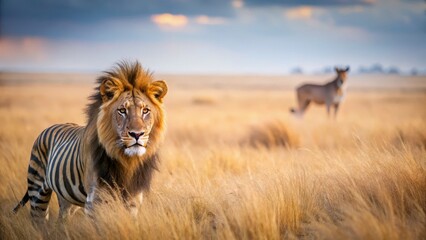 Fototapeta premium Majestic Lion Stands Proud in Golden Grassland Under Dramatic Sky