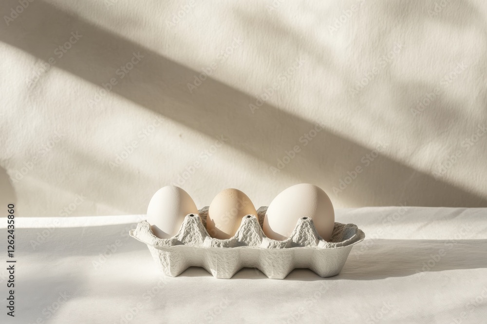 Poster freshly collected eggs in a carton on a neutral background with soft shadows and natural light durin