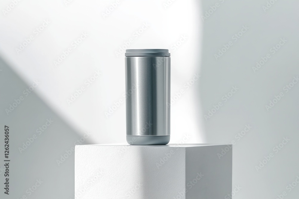 Aufkleber sleek stainless steel container placed on a pedestal under soft natural light in a minimalist settin