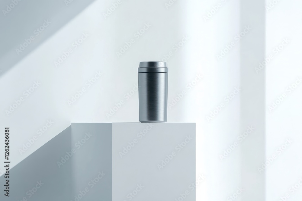 Poster stylish metallic travel mug placed on a white pedestal in a modern and minimalistic setting