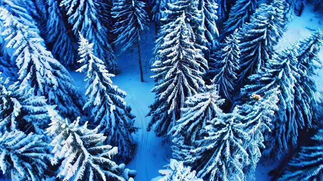 An aerial view of a snow-covered forest, with trees heavily laden with