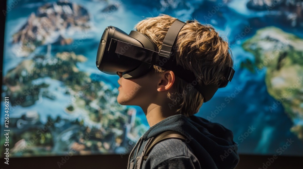 Poster student immersed in virtual reality game focused on learning experience