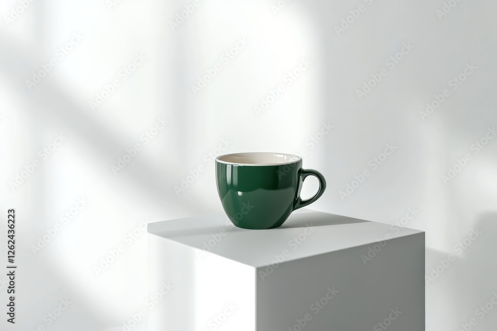 Aufkleber Elegant green coffee cup resting on a minimalistic white pedestal with soft shadows in a serene setting
